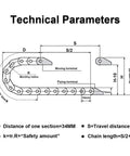 Technical diagram of R38 18mm By 50mm Semi Enclosed Drag Chain Cable Carrier dimensions and parameters for CNC machines.