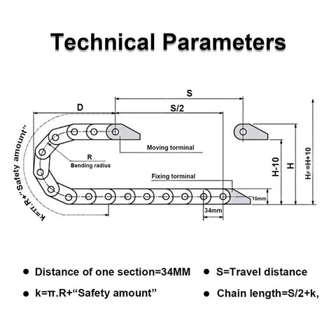 Technical diagram of R38 18mm By 50mm Semi Enclosed Drag Chain Cable Carrier dimensions and parameters for CNC machines.