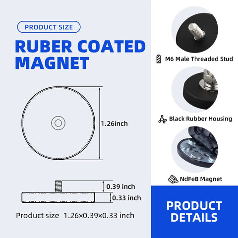 ULIBERMAGNET rubber-coated neodymium magnet with M6 threaded stud; 4-pack, 1.26in diameter x 0.39in thick