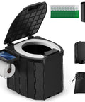 Portable Toilet for Adults Foldable Camping Toilet with lid, paper holder, and accessories, rugged ABS construction, compact design.