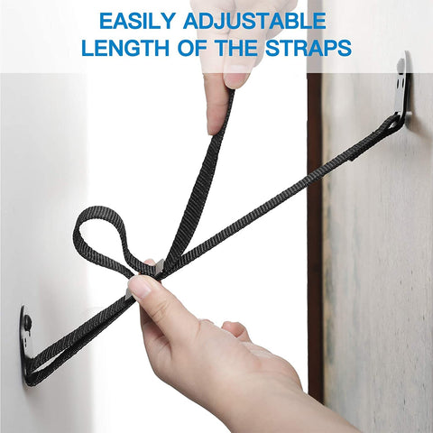 Hands adjusting Heavy Duty Anti Tip Straps for TVs and Furniture with metal plates secured to wall