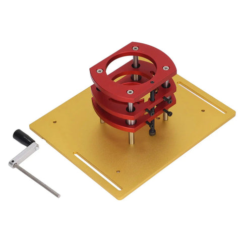 Beefed Up Router Lift Manual Kit For Router Table With Aluminum Base Plate And Crank Height Adjustment 9.45 By 7.87 Inch Table 51mm Stroke Gold Finish For Precise Woodworking And Small Trim Jobs. red aluminum router lift with gold base plate and crank handle