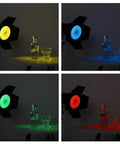 Heavy Hitter Seven Inch Barn Door Lighting Kit With Adjustable Honeycomb Grid And Four Pumped Up Color Gel Filters illuminating vodka bottles in different colors.