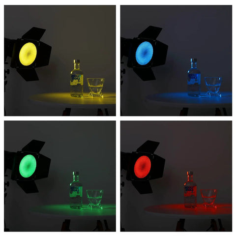 Heavy Hitter Seven Inch Barn Door Lighting Kit With Adjustable Honeycomb Grid And Four Pumped Up Color Gel Filters illuminating vodka bottles in different colors.