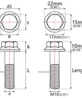 Wanyifa Ti flange hex bolts – front and side views, M10 x 65 mm, 1.25 pitch, titanium, pack of 4