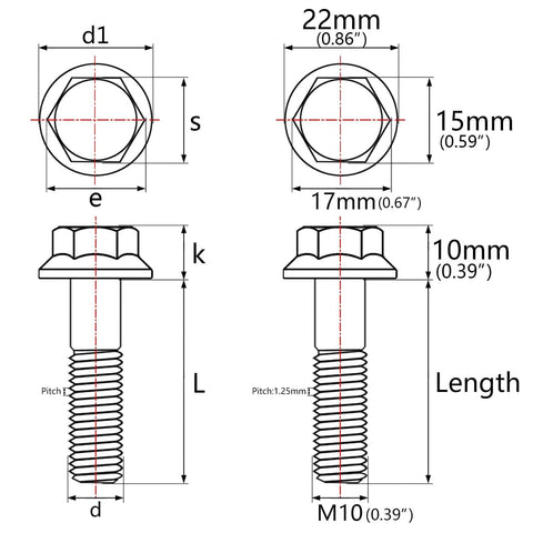 Technical drawing of Beefy Titanium Flange Hex Bolt M10x80mm 1.25 Pitch Grade 5 Ti Alloy 6AL-4V TC4 with dimensions