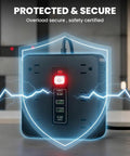 16 In 1 Smart Power Strip Surge Protector With 12 AC Outlets And Dual USB C Ports showing red power button and safety shield design.