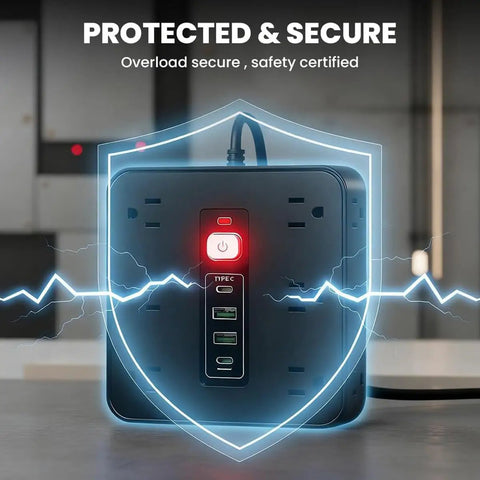 16 In 1 Smart Power Strip Surge Protector With 12 AC Outlets And Dual USB C Ports showing red power button and safety shield design.