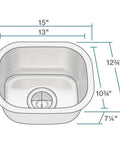 Undermount 15 Inch Stainless Steel Bar Sink With One Deep Bowl, Heavy Duty 304 Grade Steel, 18 Gauge Construction, dimensions diagram