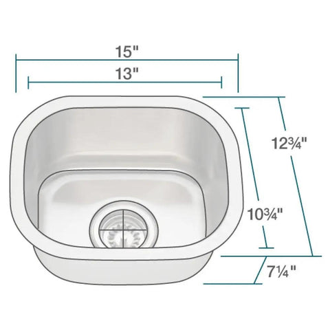 Diagram of Beefy 15 Inch Stainless Steel Undermount Bar Sink 16 Gauge Wet Bar Style Brushed Satin Finish