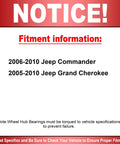 Fitment information for Front Wheel Bearing And Hub Assembly Fits Jeep Grand Cherokee 2005 Through 2010 And Jeep Commander 2006 Through 2010