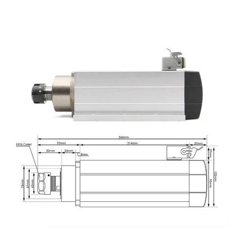 Killer Rig 3.5Kw Air Cooled Cnc Router Spindle Motor With Er25 Chuck dimensions and design view, highlighting precision engineering.