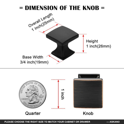 Polished Chrome Square Cabinet Knobs Set, 1 Inch, 10 Pack, Heavy Duty Metal Pulls With Two Screw Sizes For Easy Install, Rust Resistant Hardware Upgrade For Cabinets, Dressers, And Drawers. Black square cabinet knob, 1 inch, shown with dimensions