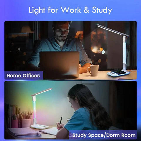 Gaming Desk Lamp With Music Sync RGB Lights Wireless Charger in home office and study desk setups