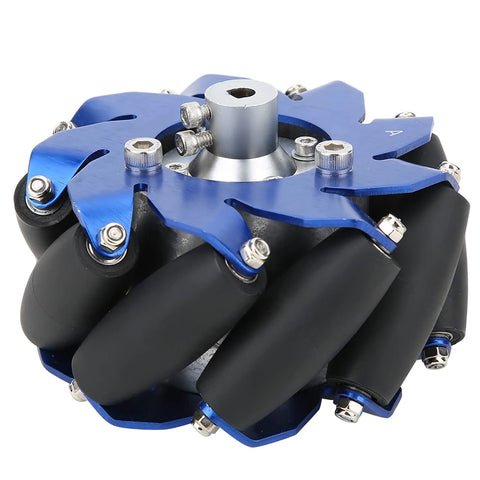 Close-up view of Qiilu omnidirectional 4in mecanum wheel with aluminum hub and TPU rollers