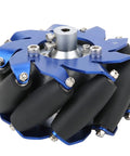 4in mecanum wheel with aluminum body and TPU rollers; blue hub, 45-degree omnidirectional