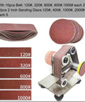 13 Inch tool for knife sharpening with assorted sanding belts and discs, showcasing grit levels 120# to 1000# for metal working.