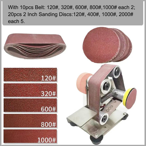 13 Inch tool for knife sharpening with assorted sanding belts and discs, showcasing grit levels 120# to 1000# for metal working.
