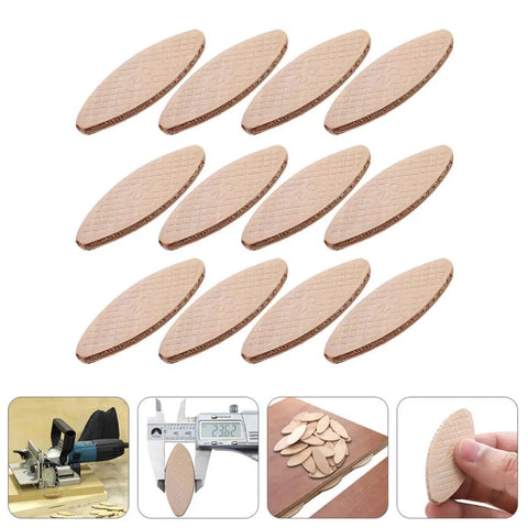 100 Piece Pack Beech Wood Joining Biscuits Deliver Rock Solid Bonds When Gluing Wooden Boards Together While Making Carpentry Work Dead Simple With Every Biscuit Joiner arranged on a surface.