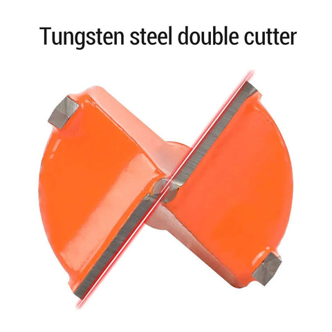 Side view of two orange tungsten-steel double cutter discs for hinge jig drill guides