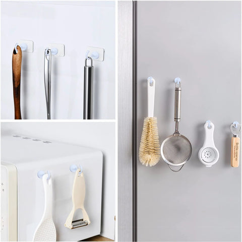 Heavy Duty Magnetic Hooks 30 Lbs Capacity 10 Pack Industrial Grade Rare Earth Magnets holding kitchen tools on refrigerator.