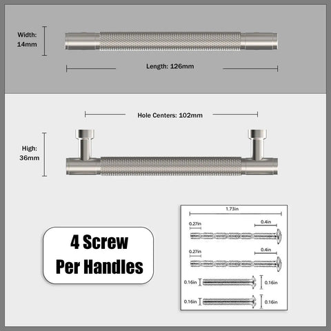 Diagram of Knurled Satin Nickel Cabinet Pulls 4 Inch 102mm showing dimensions and screw details