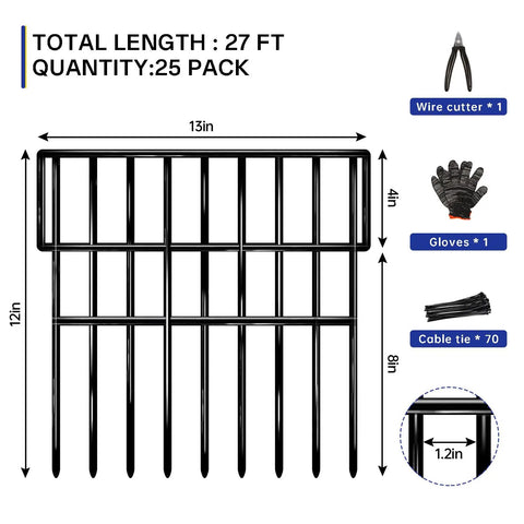 Product contents of 27 Ft Long 13 Inch High No Dig Garden Border Fence Kit With 25 Panels Rustproof Metal Pet Barrier For Dogs and Rabbits.