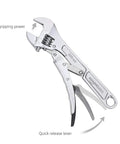 10 Inch Locking Adjustable Wrench With Quick Release And Inch Metric Scale Rust Resistant Precision Machined Jaw And Worm Gear Drop Forged Carbon Steel For Auto Repair Plumbing And DIY Maintenance 2.7 X 0.75 Inch, showcasing size and mechanism