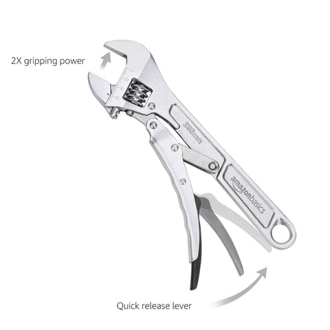 10 Inch Locking Adjustable Wrench With Quick Release And Inch Metric Scale Rust Resistant Precision Machined Jaw And Worm Gear Drop Forged Carbon Steel For Auto Repair Plumbing And DIY Maintenance 2.7 X 0.75 Inch, showcasing size and mechanism