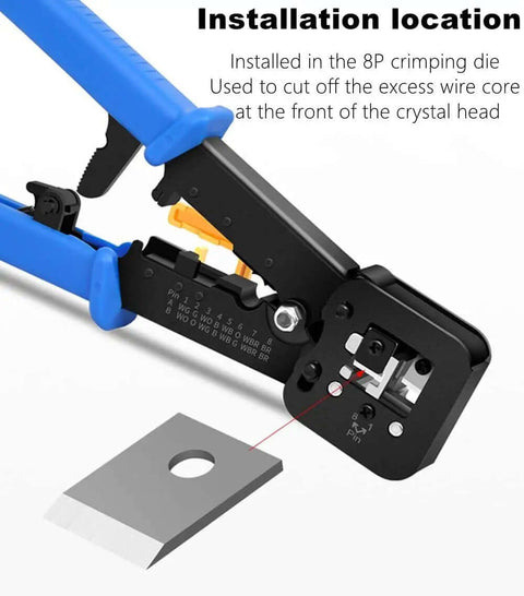 RJ45 Pass Through Crimp Tool Replacement Blades 5 Pack 8 Pin Cavity Heavy Duty Steel, tool and blade installation diagram
