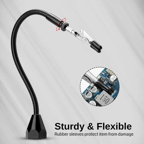 Close-up of a flexible gooseneck arm with clamp, part of 2 In 1 Magnetic Helping Hands Soldering Station With Silicone Mat And PCB Holder.