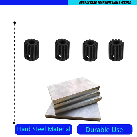 RC Pinion Gear Set 0.5M 2mm Shaft 13T 14T 15T 16T Arrma motor gear, hard steel, shown with metal sheets for durability