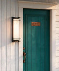 ROPCVAX Led Wall Sconce Lighting Fixture Lamp Modern Minimalist Aluminum Black next to teal door on exterior wall.