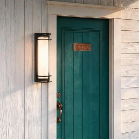 ROPCVAX Led Wall Sconce Lighting Fixture Lamp Modern Minimalist Aluminum Black next to teal door on exterior wall.