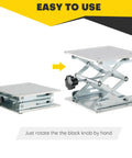 Acymner 8x8 in stainless steel lab lift stand with scissor mechanism; adjustable height 3.3–11 in.