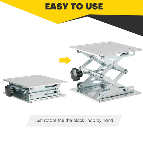 Acymner 8x8 in stainless steel lab lift stand with scissor mechanism; adjustable height 3.3–11 in.