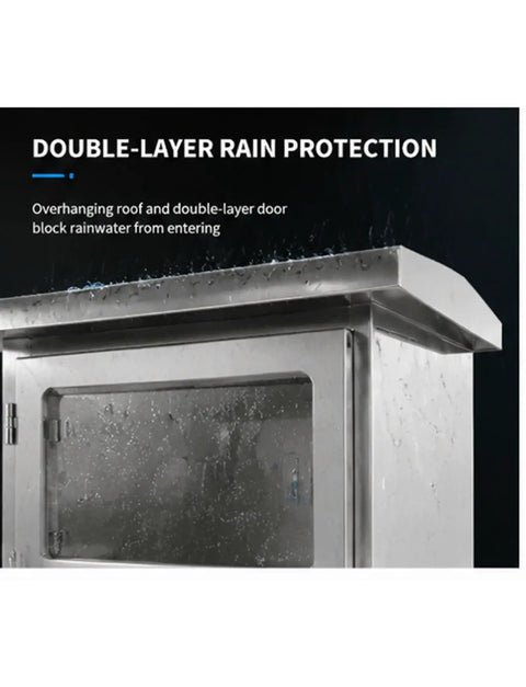 Built Tough 304 Stainless Outdoor Electrical Enclosure Box With Double-Layer Door Weatherproof Junction Box For Outdoor Use Industrial Grade Corrosion Resistant Wall Mount, close-up rain protection