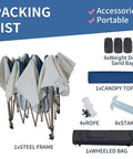 13x13 No Fuss Quick Setup Pop Up Canopy Tent Shelter With Wheeled Carry Bag Portable Commercial Gazebo For Outdoor Events Includes Sandbags Stakes And Ropes Navy That Stays Stable In Wind, packing list with steel frame, canopy top, sandbags, stakes, and wheeled bag.