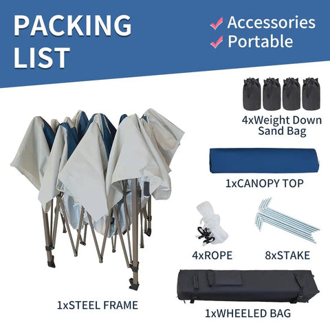 13x13 No Fuss Quick Setup Pop Up Canopy Tent Shelter With Wheeled Carry Bag Portable Commercial Gazebo For Outdoor Events Includes Sandbags Stakes And Ropes Navy That Stays Stable In Wind, packing list with steel frame, canopy top, sandbags, stakes, and wheeled bag.