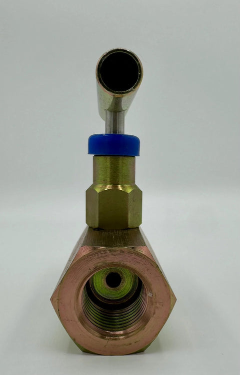 Front view of brass needle valve with blue cap and hex nut, 1/2 NPT threaded inlet