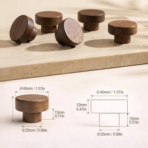 Set of Top Shelf Mid Century Modern Walnut Mushroom Cabinet Knobs slick round pulls, 40mm size, decorative furniture hardware.