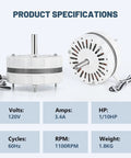Attic Fan Motor Replacement For Lomanco 2000 And 1800 Series, Compatible With F0510B2944, F0510B2705, F0510B2497, F0510B2536, F0510B2515, 120V, Includes 58033 Temperature Controller, No Hassle Install And Quiet Operation; front and side view of motor with specifications