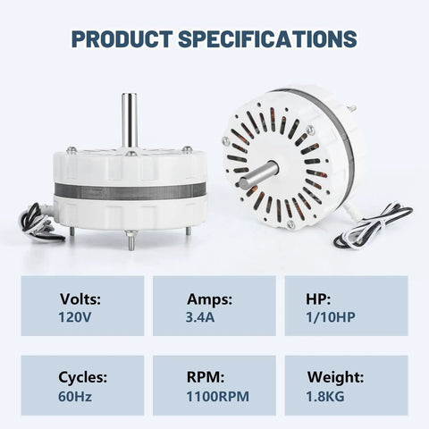 Attic Fan Motor Replacement For Lomanco 2000 And 1800 Series, Compatible With F0510B2944, F0510B2705, F0510B2497, F0510B2536, F0510B2515, 120V, Includes 58033 Temperature Controller, No Hassle Install And Quiet Operation; front and side view of motor with specifications