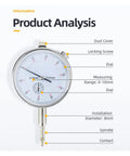 Magnetic Dial Indicator With Stand Base For Precision Machining 0.01mm Reading 10mm Range And Concentricity Check Stainless Steel Probe Durable Gauge Tool For Workshop QC And Accurate Measurements. Product analysis showing 0-10mm dial indicator, 8mm spindle, steel probe