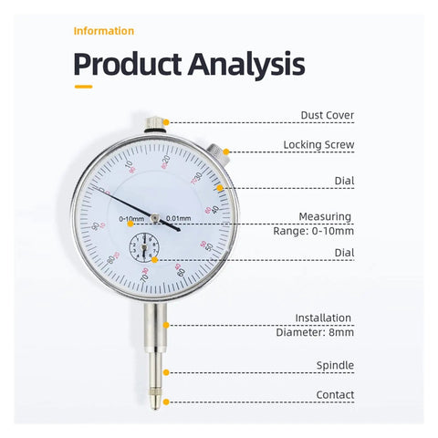 Magnetic Dial Indicator With Stand Base For Precision Machining 0.01mm Reading 10mm Range And Concentricity Check Stainless Steel Probe Durable Gauge Tool For Workshop QC And Accurate Measurements. Product analysis showing 0-10mm dial indicator, 8mm spindle, steel probe