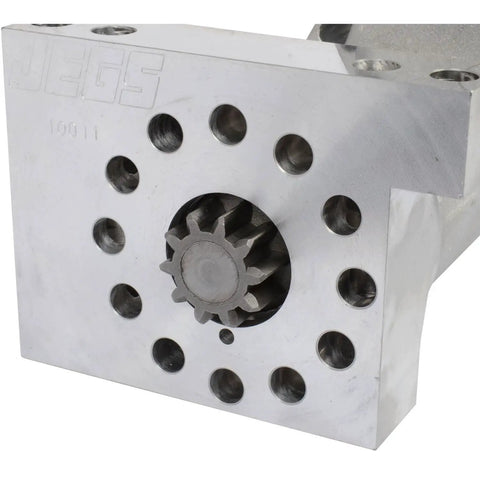 Gritty Lightweight Mini Starter Built For Small Block And Big Block Chevy Motors With Zero Fuss Straight Bolt On Mount close-up of gear and holes.