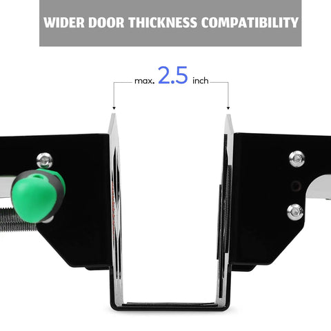 Close-up of One Piece Patented Door Installation Tool Kit showing max 2.5 inch door thickness compatibility with black green finish.