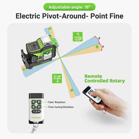 Top Notch Upgraded 360 Degree Laser Level With Electric Fine Adjustment Rotating Base Remote Control Rechargeable Self Leveling High Accuracy 1/13 Inch Pulse Mode For Precise DIY And Pro Projects showing adjustable angle and remote control