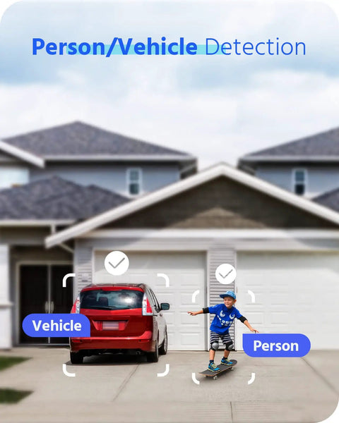 4K 8 Channel Hybrid Security System With AI Motion Detection identifies person on skateboard and vehicle in driveway