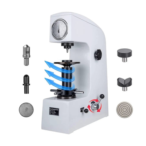 Heavy Duty Rockwell Hardness Tester HR-150A With Superficial Scales HRC HRA HRB Adjustable Test Forces showing measurement dial and testing indenters.